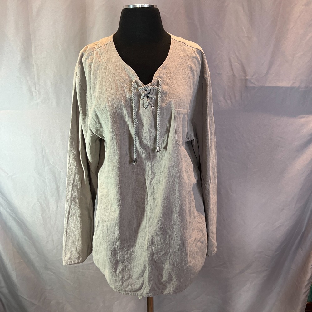 Coofandy Tunic Blouse Womens XL Beige Chest Pocket Split Neck Lace Up Classic